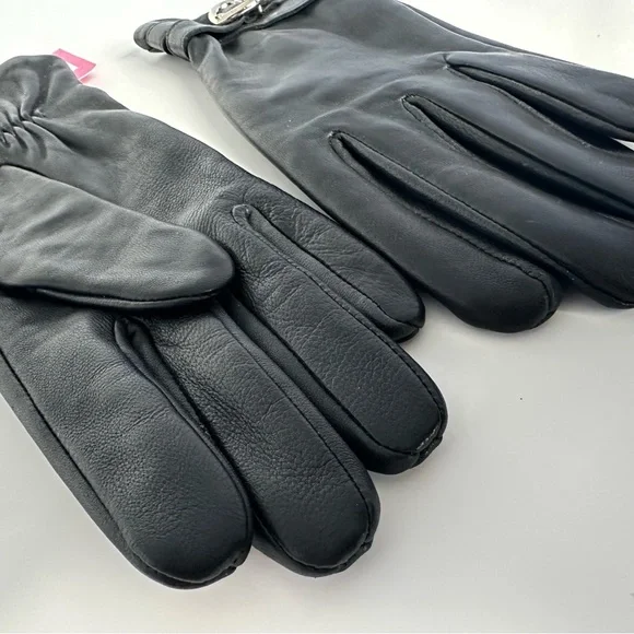 Kate Spade NY Black Lamb Leather Gloves Silver Logo Buckle Sz L - Picture 7 of 8